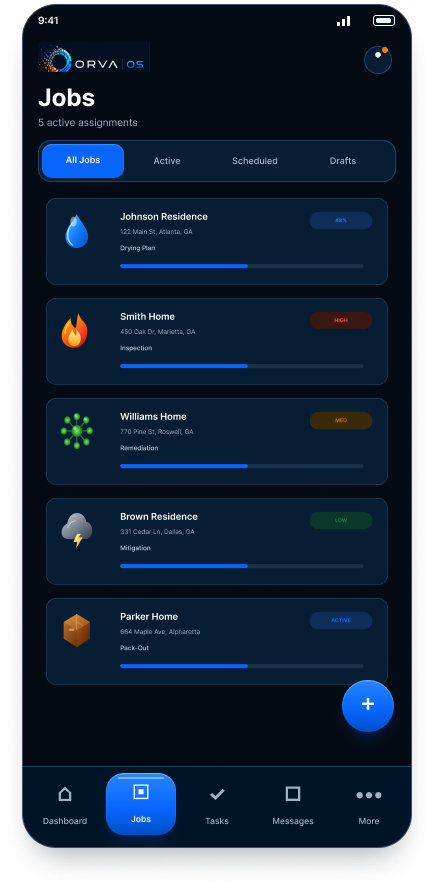 Jobs screen from Mobile Stabilization 1 in the Orva design system